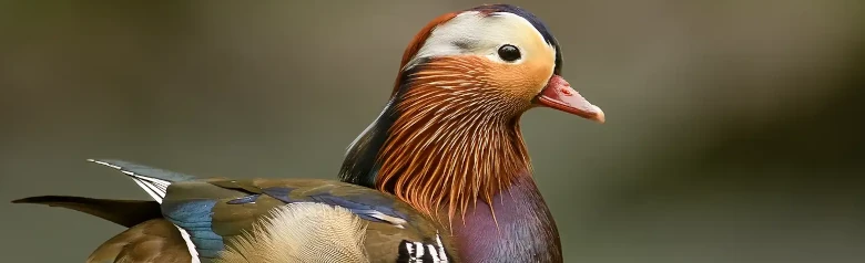 Mandarinand. Extremt färgstark fågel med bruna, blå, gröna, lila, rödaktiga och vita detaljer.